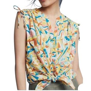 ANTHROPOLOGIE Danielle Kroll Artsy patterned blouse Roomy  with tie front sz XS